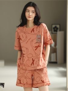 2025 New Womens Summer Sleepwear Set Pure Cotton Short Sleeve Shorts Cartoon Print Comfortable Home Clothes round Neck Pullover