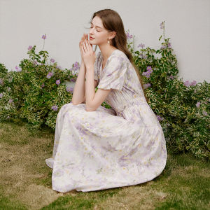 XIANGYING | Floral Print V-Neck Puff Sleeves Purple Waist-Fit Tea Dress