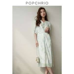POPCHRIO | Đầm Voan In Họa Tiết Twill Vòng Cổ