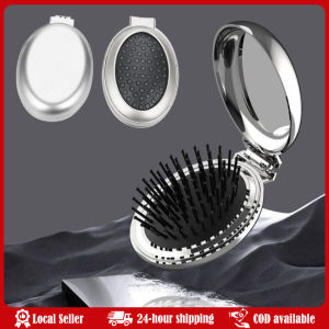 Portable Round Pocket Mirror with Comb Dual Use Silver Folding Air Bag Comb Air Cushion Comb Mini Massage Hair Brush Girl Women Portable Folding Comb Air Cushion Pocket Comb Smooth Hair Mirror Integrated Comb Makeup Mirror Massage Comb Professional Salon