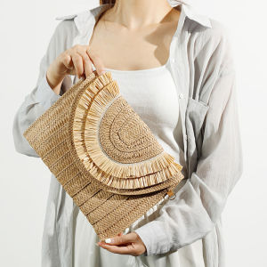 Straw Handmade Weave Clutch Bag Solid Color Pouch Purse Female Summer Flap Bohe Beach Wallets Crossbody Bag