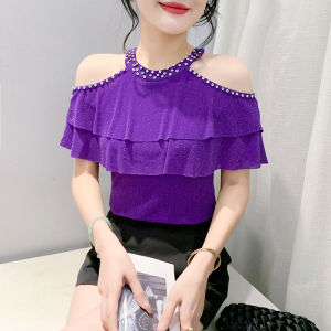 YIGE Design Sensual Cutout Off Shoulder Mesh Shirt: Fashionable and Advanced Purple Dance Top Summer Short Sleeves Beautiful Womens T-shirt 2024 New Edition