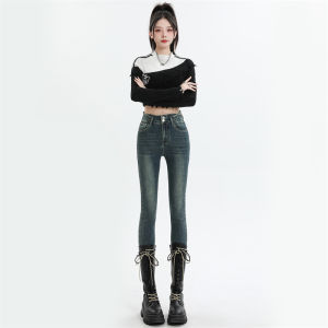 Blue Slim Fit High Waist Stretchy Denim Jeans Womens Spring New Style Small Size Double Buckle Elastic Tight Pencil Pants