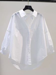 Loose Long Sleeve Womens Cotton Shirt White Spring Autumn Fashionable Artistic Style Comfortable Breathable Quick Dry Polyester