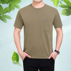 Summer round Neck Short Sleeves Combed Cotton T-shirt Casual Dad Wear Middle-Aged Men Daily Pocket Shirt Pure Color Tops