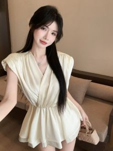 GUZILIAN | Summer New Pure Desire V-neck Splice Sleeveless Waist-cinched Fashionable Elastic Waist Hooded Chiffon Top Korean Style Loose Fit