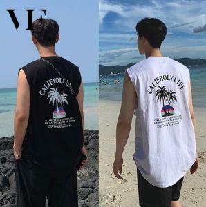 VFASION Áo thun sát nách dáng rộng thời trang đi biển phong cách Hàn Quốc cho nam Áo không tay In hình cây dừa Kích thước lớn S-3XL