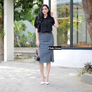 Rok Jeans High waist Wanita A-line 7/8 Skirt Belah Samping Nycta Bawahan Denim Stretch Pendek Pinggang Karet
