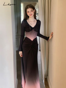 Pure Desire Style Womens Dress LKONE Mountain Sea Black Rose Mantle French Design Long Sleeve Maxi Dress Waist Cinched