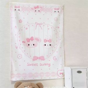 Sanrio | Kawaii Pink Bunny Tapestry Sweet Dessert Rabbit Wall Hanging Pastel Polka Dot Background Cloth for Bedroom Dorm