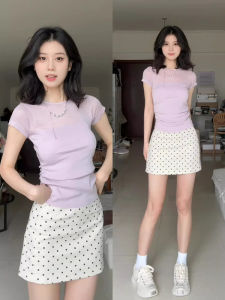 Áo Thun Tay Ngắn Màu Tím Ôm Vừa Vặn Mùa Hè Cho Nữ Áo Len Dệt Kim Bằng Lụa Băng Cổ Tròn Dáng Ôm Dài Vừa Phải Phong Cách Hàn Quốc