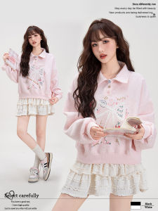 Pink Polo Neck Sweatshirt Womens Half Zipper Butterfly Knot Small Size Printed Top Loose Fit Long Sleeve Regular Length