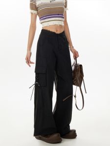 Black Lace Trim Workwear Wide Leg Pants High Waist Slimming Casual Straight Long Trousers for Women Spring Autumn New Style