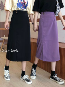 High Waist A-Line Midi Skirt with Slit for plus Size Women Korean Style Slimming Long Skirts Polyester Fabric Pure Color