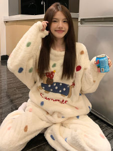 Thickened Coral Fleece Sleepwear Womens Winter Home Clothes Set with Cartoon Sausage Dog Pattern Long Sleeve round Neck Nightgown