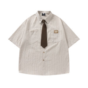 Retro Literary Academy Floral Tie Shirt Short Sleeve Men and Women American Street Couple Loose BF Niche Shirt