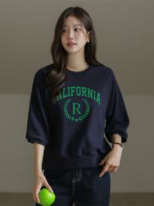 Korean Style Shoulder Sleeve Printed Sweatshirt Womens Loose Short Sleeve round Neck Cotton Top Simple Meat Covering Autumn New Arrival