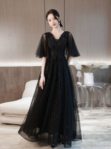 Black Evening Gown Womens plus Size Ball Elegant Atmosphere Art Exam Candidates Floor-Length Gown with Beads Deep V-Neck Short Sleeve