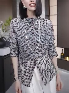 QINGNAER | Grid Thin Sheer Mandarin Collar Long Sleeve Shirt Big Size Slim Effect