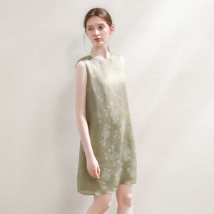 Miccbeirn | Silk Chiffon Embroidered Sleeveless Dress Mulberry Silk Sweet A-Line Vest Dress Casual Summer Fashion Elegant Loose Waist