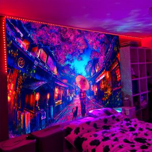 VIKAMA Cyber Neon Cherry Blossom Street Tapestry Background Cloth Atmospheric Decorative Wall Cloth for Room Decoration