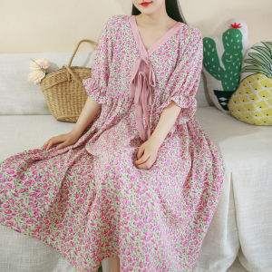 ชุดเดรสยาวคอวีพิมพ์ลายผ้าชีฟองแขนสั้นฤดูร้อนใหม่ไซส์ใหญ่ ชุดเดรสยาวสไตล์ฝรั่งเศส ชุดเดรสยาวทรงเอ ชุดเดรสยาวทรงเอ