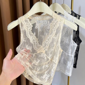 Lace Voile Faux Collar Deep V Neck Top Spring