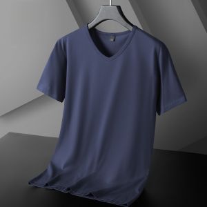 Romon Ice Silk Modal V-neck Short Sleeve T-shirt Men Summer Cool Versatile Solid Color Half Sleeve Top Youth Fashion Trend