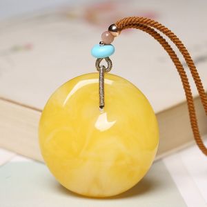 Pure Natural Genuine Goods Yellow Chicken Grease Beeswax Pendant Peace Buckle Sweater Chain Raw Ore Amber Mens and Womens Necklace Car Pendant