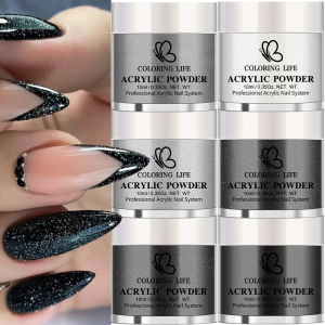6Pcs/Set Black&White Nail Acrylic Powder 0.35 Oz Sparkling Crystal Powder 3-In-1 Nail Extension Carving Dipping Pigment Dust FA
