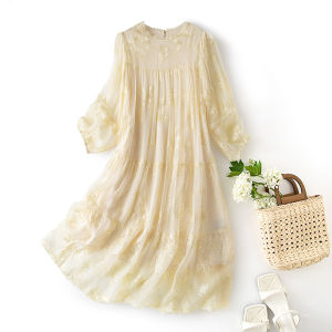 XMO | Embroidered Lantern Sleeve Loose Silk Dress