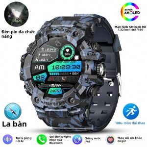 Đồng Hồ Thông Minh Chắc Chắn Dành Cho Quân Đội Dành Cho Nam Giới Thể Thao Thể Dục Ngoài Trời La Bàn Nhịp Tim IP68 Đèn Pin LED Chống Nước BT Gọi Màn Hình AMOLED 1.32