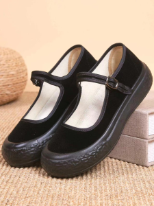 รองเท้าผ้าปักแบบสวมสำหรับทำงานและเต้นรำ รองเท้าผ้าปักสีดำสำหรับคุณแม่ รองเท้าทำงานแบบสวมสำหรับผู้หญิง รองเท้าทำงานแบบสวมส้นแบน