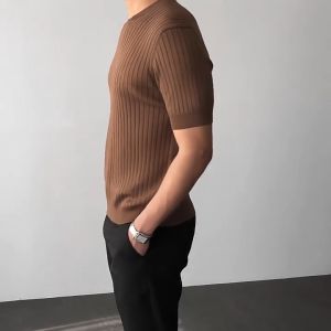 Mens Short-sleeved T-shirt Knitted Bottoming Shirt Round Neck Korean Version of Ice Silk Striped T-shirt Casual Handsome Teenage Top