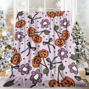 Beast Kingdom | Halloween Pumpkin Cherry Coquette Bow Ghost Flannel Blanket Soft Fuzzy Plush Cozy Throw for Sofa Bed Couch