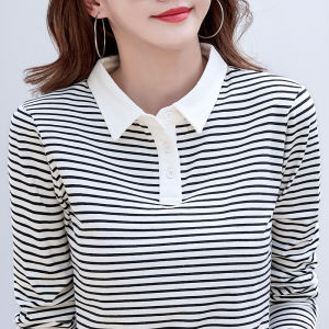 Pure Cotton Polo Shirt T-Shirt Womens Spring New Arrival Stripes Lapel Long Sleeves Plus Size Athleisure Collared Top Bottoming Shirt