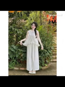 Set áo thô thêu lai bèo LyLyShop kèm quần cotton hàn ống rộng form dưới 57kg thời trang [TP]