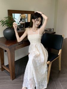 Summer French Gentle Style White Lace Trimed Waist Slimming Sweet Long Dress Womens High Waist A-Line Skirt Vintage Commute