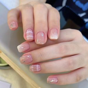 24pcs/set Short square fake nails for women girls nude red colos with star strips korean style full cover press on false nails