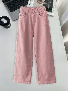 Pink High Waist Straight Leg Cotton Casual Pants Womens Loose Fit Nine Points Pure Cotton Trousers Comfortable Breathable