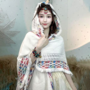 Travel Bohemian Style Womens Outerwear Knitted Shawl with Hood Air Conditioned Room Tassel Cowl Neck Wrap Multifunctional Geometric Pattern