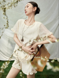 SUSHE | French Country Style Lyocell Embroidered Ruffle Top & High Waist A-line Shorts Set