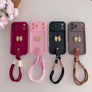 szhaiyu | 3D Gold Bow Wrist Strap Phone Case for IPhone Air 17 16 15 Plus 14 13 12 11 Pro Max Silicone Soft Shockproof Protective Cover