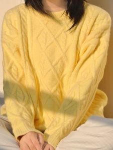 Soft Yellow Thickened Knitted Sweater Womens Spring Autumn Lazy Style round Neck Twist Head over Body Top New 2025