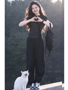 Shalldoer | Korean Style New Design Striped T-shirt and High-waist Leisure Pants 2pc Set