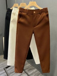 Korean Style Summer Casual Mens Slim Fit Straight Leg Pants Tweed Pattern Nine Points Suit Pants Youthful Energy Fashion