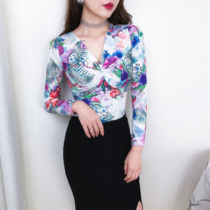 Áo Thun Nữ Cổ Chữ V in Họa Tiết Thắt Nút Bướm Ôm Vừa Vặn Dài Tay Mùa Thu Polyester Thường Ngày Phong Cách Hàn Quốc