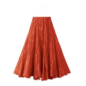 กระโปรงทรงเอผ้าซิลิโคนมีรอยยับสำหรับผู้หญิงในช่วงฤดูร้อนปี 2024 กระโปรงยาวคลุมเข่าเอวสูงสีพื้น ทรง a ทรงสลิมฟิต