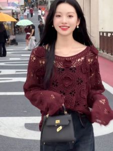 เสื้อสเวตเตอร์ถักแขนยาวแบบสวมหัวสำหรับผู้หญิง ทรงหลวม ดีไซน์เก๋ไก๋ ฤดูใบไม้ผลิและฤดูใบไม้ร่วง เสื้อชั้นในส่วนบน เสื้อผ้าทำงาน