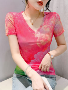 Summer Womens Slim Fit Short Sleeve T-Shirt V-Neck Mesh Top Korean Style Printed Splice Lace Fashionable Small Shirt